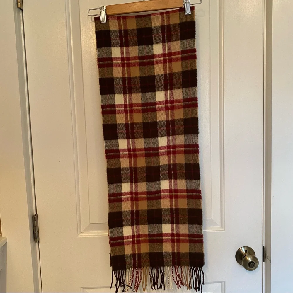 SCARF SCOTLAND CASHMERE BROWN RED TAN CREAM PLAID FRINGE LONG RECTANGLE - Picture 9 of 9